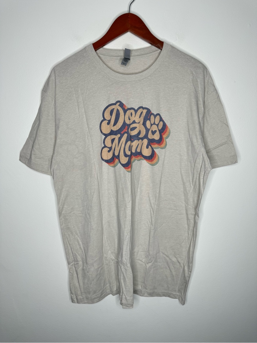 Next Level Apparel Dog Mom Graphic T-Shirt Heather Oatmeal Retro Rainbow Paw XL